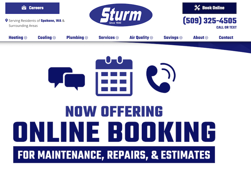 Pagina web de Sturm Heating and Cooling Spokane.